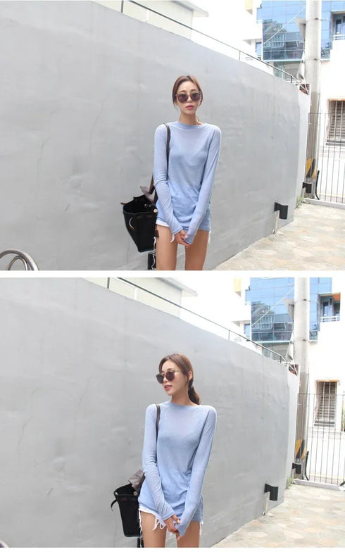 Casual Long Sleeve T-Shirt in Blue and Navy