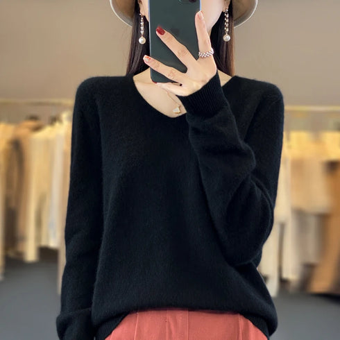 100% Merino Wool V-Neck Pullover Sweater for Women