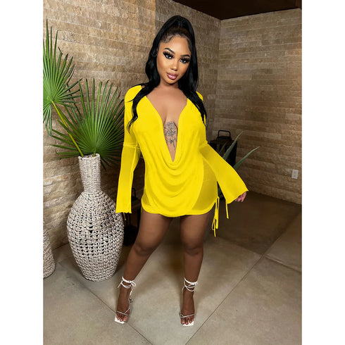 Deep V-Neck Backless Top & Drawstring Mini Skirt Set