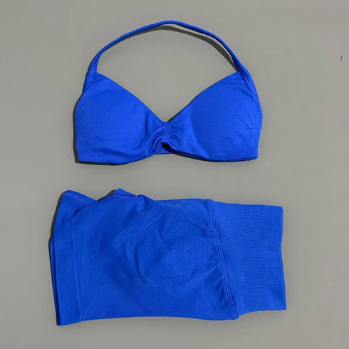 HISTELLO Women's Seamless Yoga Set with Strappy Bra and Shorts