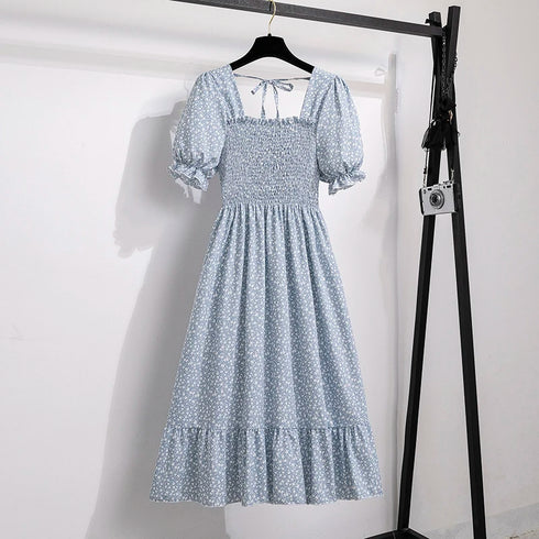 Floral A-Line Chiffon Dress with Short Sleeves