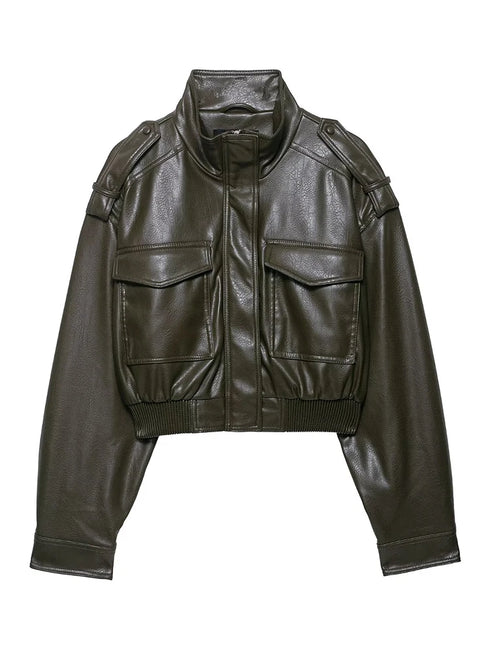 Chic Faux Leather Jacket for Women - Casual Long Sleeve