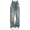 High Waist Wide Leg Denim Jeans with Hole Detail
