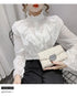 Korean Style Ruffle Stitching Lace Blouse Fashion Long Sleeve Loose Chiffon Shirt Elegant Stand Collar Pleated Tops Blusas 15832