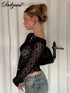 Dulzura Long Sleeves See Through Lace Crop Top For Women