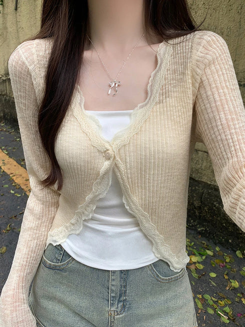 Lace Trim Long Sleeve Crop Top Cardigan for Summer