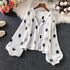 Polka Dot V-Neck Chiffon Blouse with Lantern Sleeves