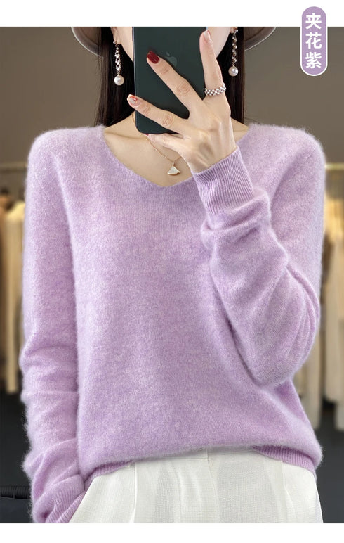 100% Merino Wool V-Neck Pullover Sweater for Women