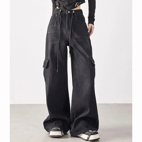 Girls Retro Streetwear Wide Leg Black Jeans