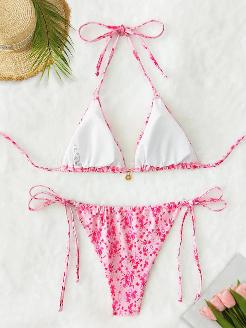 Floral Print Triangle Bikini Set with Brazilian Bottoms