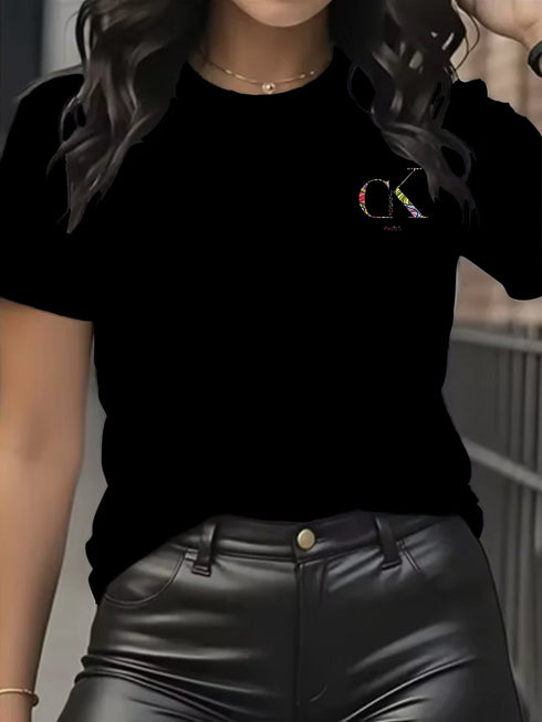 Y2K Cartoon Letter Print Crew Neck T-Shirt for Women
