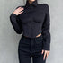 Zadily Long Sleeve Button-Up Crop Top in Black