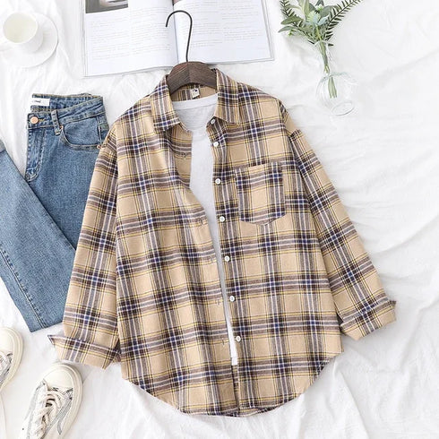 Elegant Women's Plaid Shirt 2025 New Ladies Large Size Casual Loose Lapel Long Sleeve Blouse&Tops Female Lapel Checked Clothing