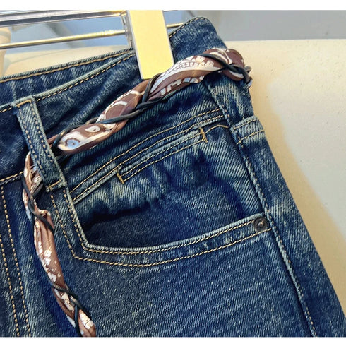 Wide Leg Denim Jeans with Scarf Belt