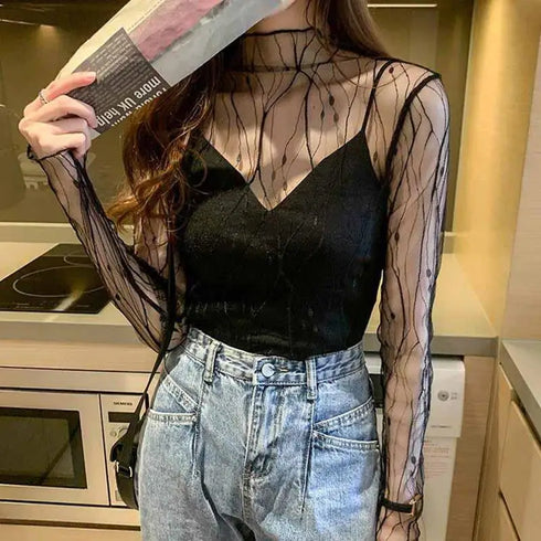 Sheer Lace Long Sleeve Turtleneck Top for Women