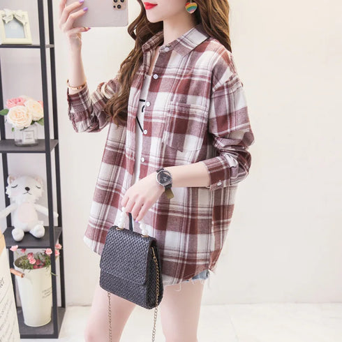 Loose Fit Cotton Plaid Shirt for Women