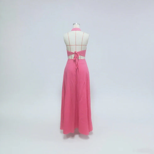 Women's Pink Two Piece Halter Collar Crop Top & Maxi Skirt