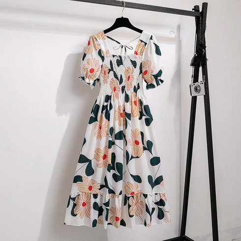Floral A-Line Chiffon Dress with Short Sleeves