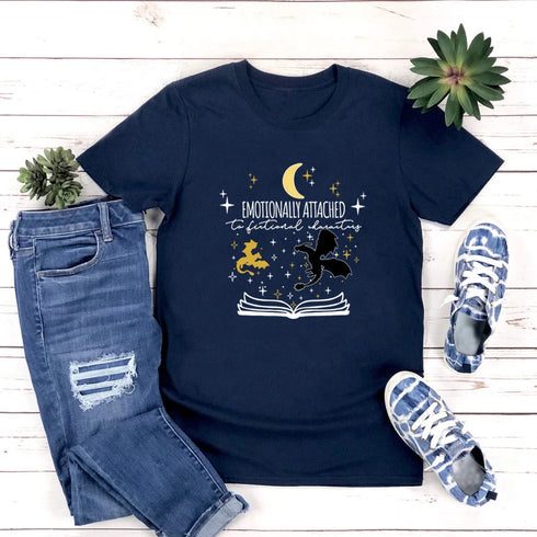 Emotionally Attached To Fictional Characters T Shirt Unisex Graphic Tee for Book Lovers Short Sleeve Casual Top
