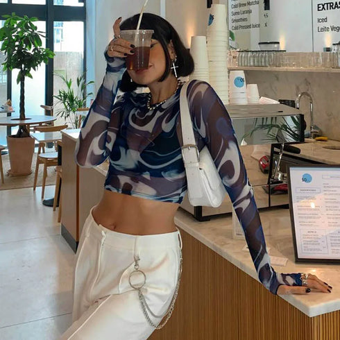 Sheer Print Mesh Crop Top with Long Sleeves