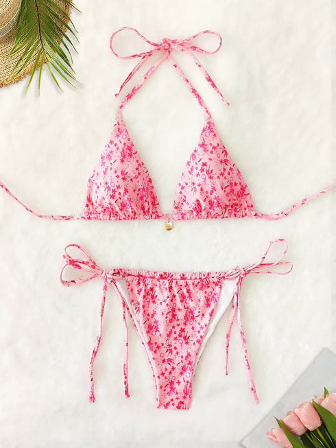 Floral Print Triangle Bikini Set with Brazilian Bottoms