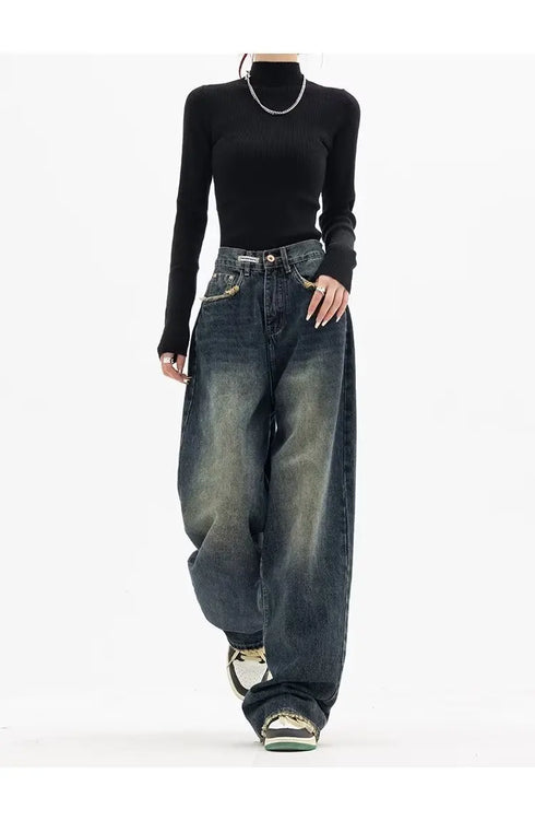 High Waist Wide Leg Jeans in Navy Blue