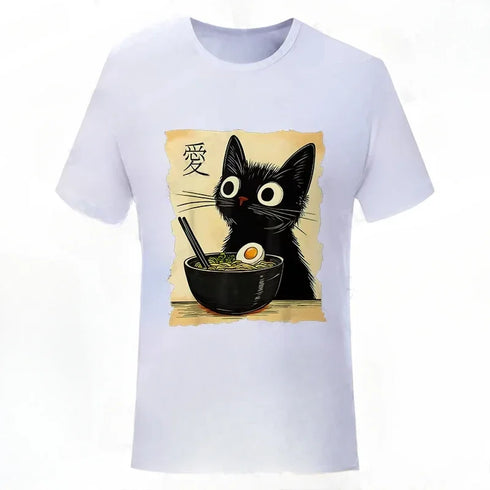 Cat Ramen Pattern Cute Kitten Eating Noodles Women's Print Summer T-shirt Fashion Retro puls si Outfit aesthetic clothes Y2K top
