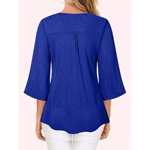 Plus Size V-Neck Casual Ruffle Edge 3/4 Sleeve Top