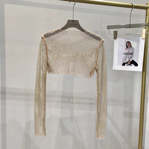 Hollow Out Rhinestone Long Sleeve Crop Top