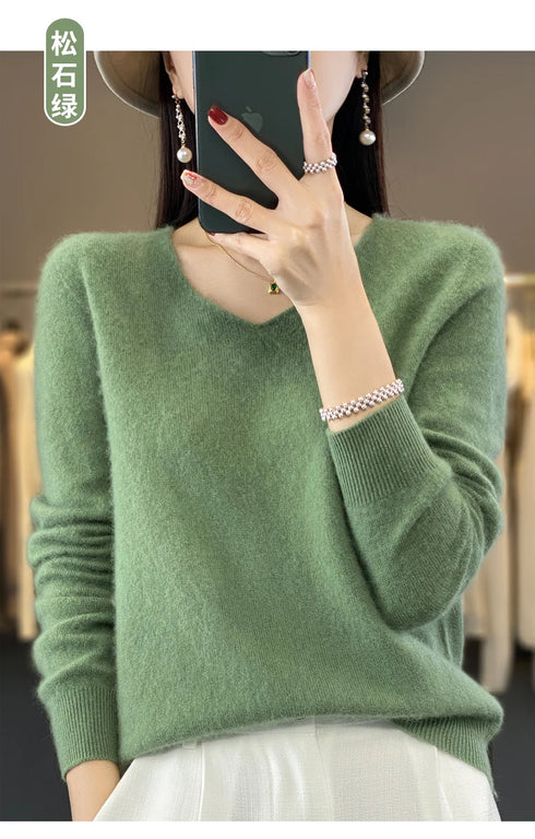 100% Merino Wool V-Neck Pullover Sweater for Women