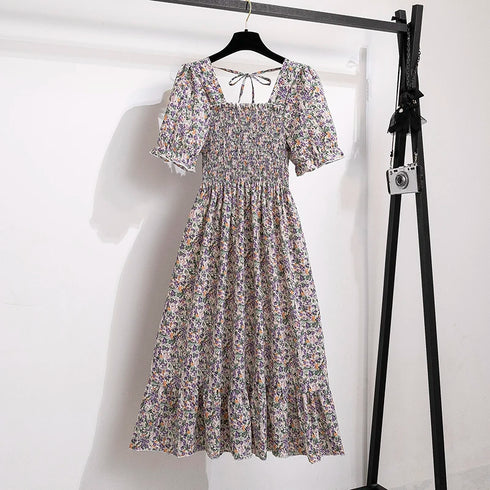 Floral A-Line Chiffon Dress with Short Sleeves