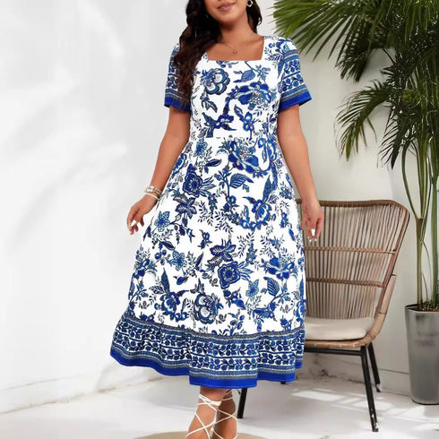 Plus Size Elegant Chic Printed High Waist Dress for Spring Summer Casual Streetwear