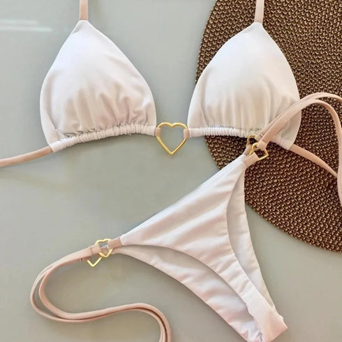 White Lace-Up Bikini Set for Women
