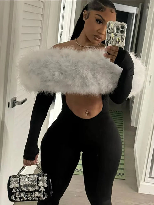 Furry Patchwork Backless Jumpsuit for Women