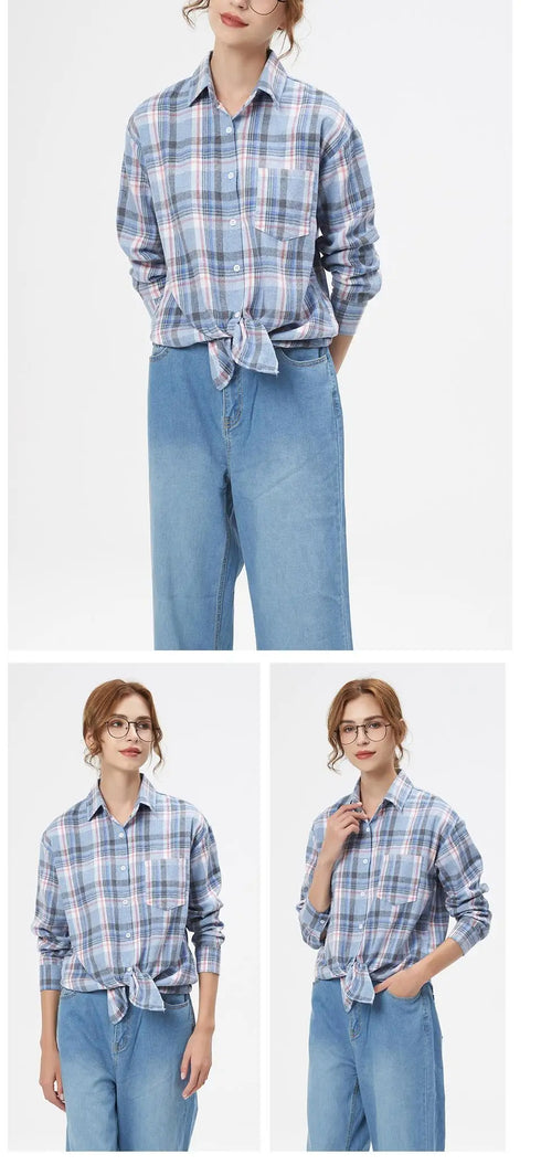 Loose Women's Plaid Shirt - Long Sleeve Casual Blouse