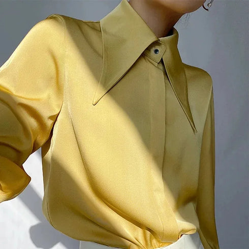 Elegant Satin Silk Blouse with Turn Down Collar