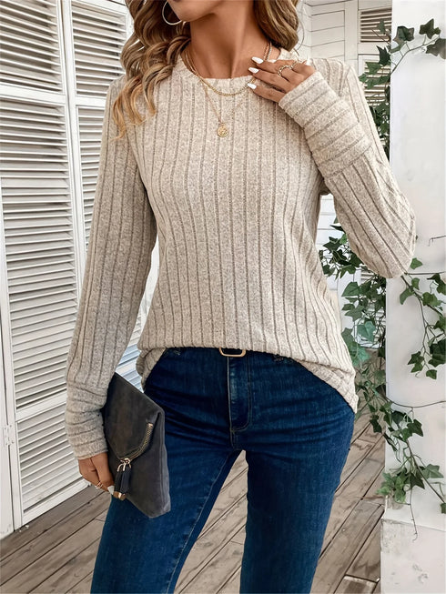 Solid Colour Round Neck Ribbed Long Sleeve Top
