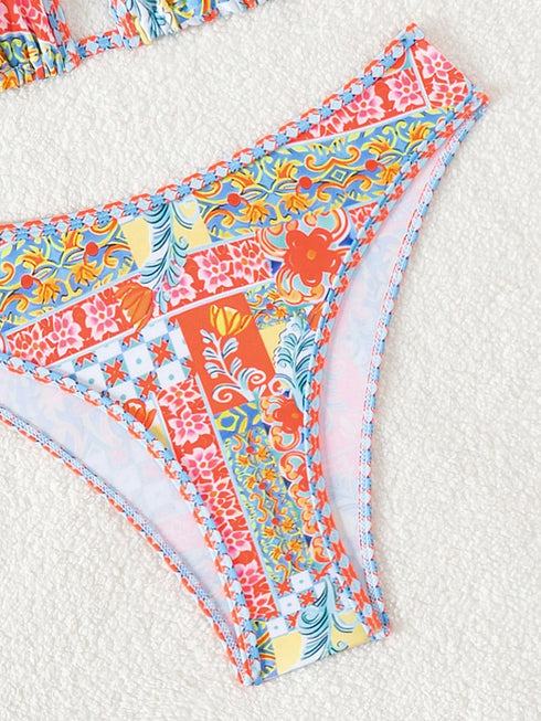 Floral Printed Adjustable Triangle Bikini Set