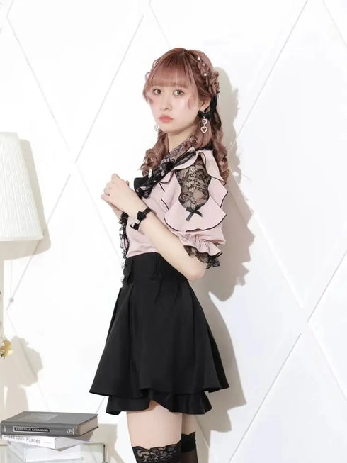 Noemi Inspired Ruffle Bow Top - Japanese Dark Femme Off-Shoulder Blouse, Lace Trim Bell Sleeve Shirt for Yami Kawaii & Lolita