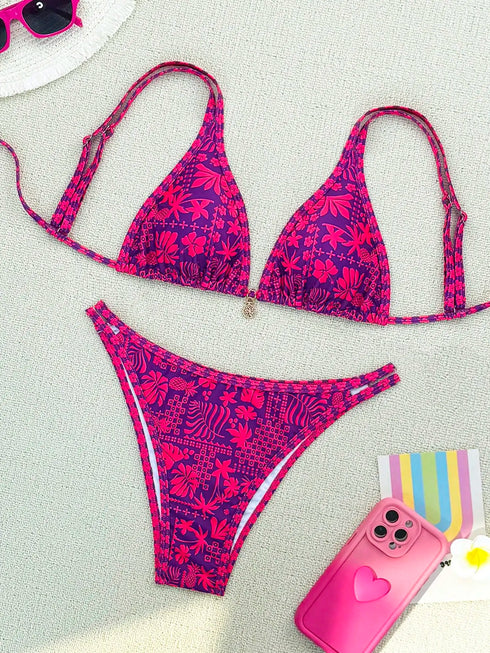 Purple Floral Print Bikini Set for Women