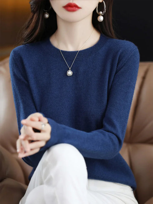 Women's 100% Merino Wool O-Neck Pullover Sweater