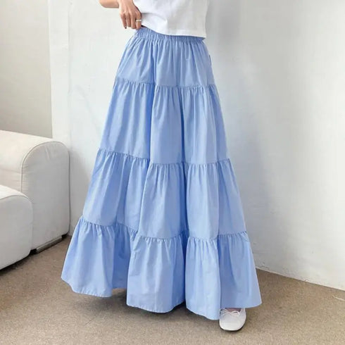 Korean Style Tiered Maxi Skirt with Elastic Waist