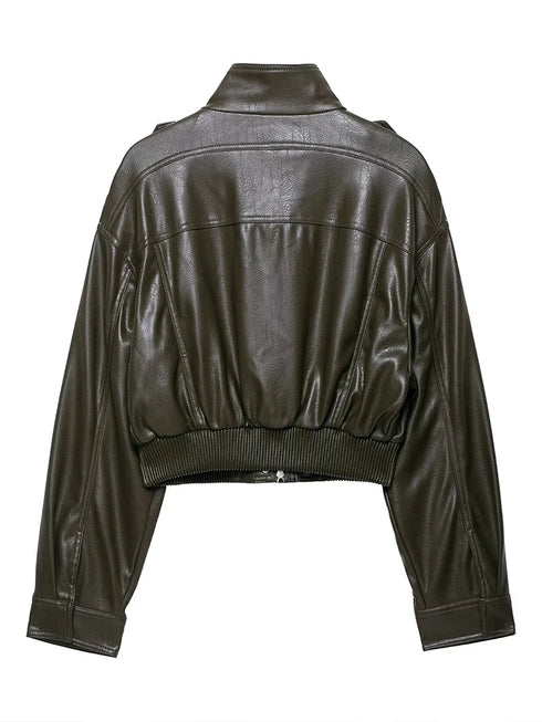 Chic Faux Leather Jacket for Women - Casual Long Sleeve