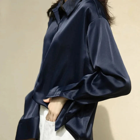 Spring Fashion Button Up Silk Shirt Vintage Blouse Women Satin Tops Office Lady Elegant Long Sleeves Female Loose Shirts 11355