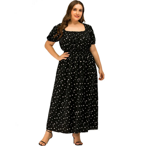 Plus Size Polka Dot Summer Dress with Puff Sleeves