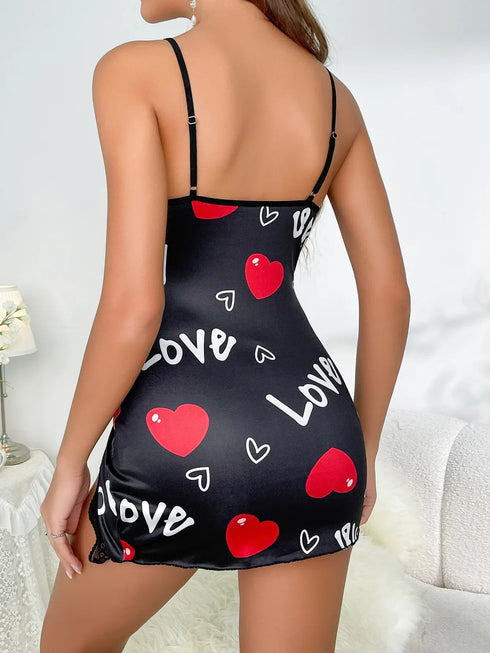 Love Printed Halter Backless Nightgown