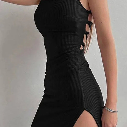 Black Bodycon Halter Neck Dress with High Split