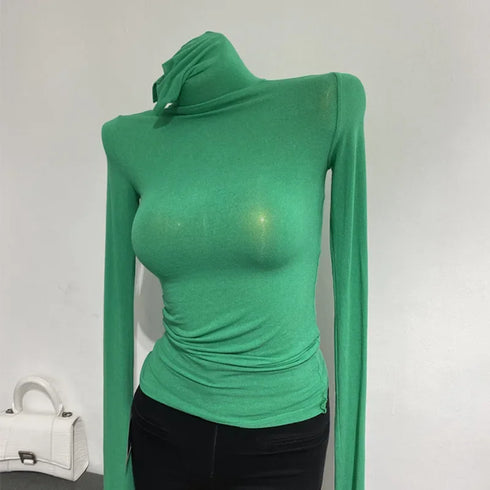 Turtleneck Long Sleeve Cotton Top for Women