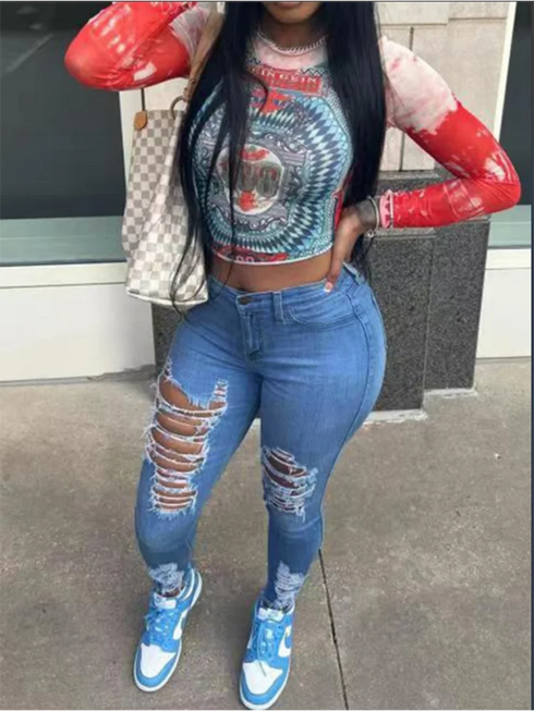 Women's Ripped Slim Fit Jeans in Blue