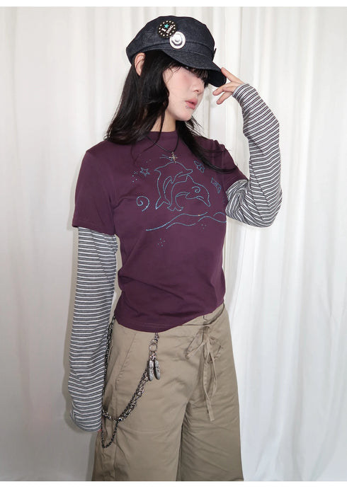 Tonngirl Y2K Vintage Long Sleeve Patchwork T-shirt